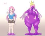  2018 before_and_after big_breasts blush breasts crown featureless_breasts female goo_creature goo_transformation hair human human_to_humanoid humanoid izumi_(artist) long_hair looking_at_viewer mammal navel nude open_mouth overweight shadow_siren simple_background smile solo standing transformation white_background wide_hips 