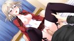  1girl bed blood blush breasts brown_eyes brown_hair censored game_cg ko~cha navel nipples penis pillow pussy saimon_eclair sex short_hair thighhighs vaginal virgin witch&#039;s_garden witch's_garden 