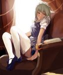  apron braid darwinwu grey_hair izayoi_sakuya looking_at_viewer maid maid_apron maid_headdress mary_janes red_eyes shoes sitting solo thighhighs touhou 