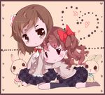  brown_eyes brown_hair bunny chibi hug long_hair misaka_mikoto mochigome_(188060) multiple_girls school_uniform shirai_kuroko short_hair to_aru_kagaku_no_railgun to_aru_majutsu_no_index twintails 