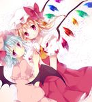  ascot bad_id bad_pixiv_id bat_wings blonde_hair blue_hair bow flandre_scarlet hat hat_bow holding_hands interlocked_fingers looking_at_viewer looking_back mob_cap mugi_wata multiple_girls pink_eyes puffy_sleeves remilia_scarlet shirt short_sleeves siblings side_ponytail simple_background sisters skirt skirt_set touhou vest white_background wings 