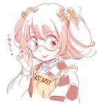  :p apron bell character_name clothes_writing glasses hair_bell hair_ornament jingle_bell mitsumoto_jouji motoori_kosuzu red_eyes red_hair simple_background smile solo tongue tongue_out touhou translation_request upper_body white_background 