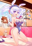  1girl animal_ears blush breasts bunny_ears bunnysuit cafe detached_collar female highres kneeling looking_at_viewer lucknight maid_headdress navel nipples open_mouth original purple_eyes pussy see-through silver_hair smile solo table tray twintails uncensored waitress wings wrist_cuffs 