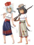  2girls animal_ears arm_at_side barefoot belt belt_pouch beret black_hair blue_hair blue_skirt blush breasts cat_ears cat_tail closed_mouth ebifly erect_nipples eyebrows_visible_through_hair fang_out grey_skirt gun hat highres holding holding_gun holding_weapon holster knife ladle medium_breasts military military_uniform multiple_girls original over_shoulder pouch rifle shirt short_hair signature simple_background skirt slit_pupils smile standing tail uniform watch weapon weapon_over_shoulder white_background white_shirt wristwatch yellow_eyes 