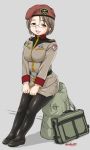  1girl :d badge bag belt beret black_eyes black_footwear black_legwear breasts brown_hair brown_jacket ebifly eyebrows_visible_through_hair grey_background hat jacket large_breasts long_sleeves looking_at_viewer military military_uniform mole mole_under_eye open_mouth original pantyhose pencil_skirt red_hat semi-rimless_eyewear shoes short_hair simple_background sitting skirt smile solo twitter_username under-rim_eyewear uniform 