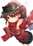  admiral_(kantai_collection) blush brown_eyes brown_hair hat highres kantai_collection karochii petting ryuujou_(kantai_collection) scarf simple_background skirt solo_focus spoken_blush twintails visor_cap white_background 