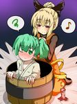  adjusting_hair blonde_hair blush bow bucket candle collarbone dress eighth_note frown full-face_blush gradient gradient_background green_eyes green_hair hair_bow hair_bun hairdressing hato_no_suisou high_collar in_bucket in_container japanese_clothes kimono kisume kneeling kurodani_yamame long_sleeves looking_at_another looking_at_viewer multiple_girls musical_note pinky_out purple_background purple_eyes shadow short_hair side_ponytail sidelocks simple_background smile speech_bubble spoken_musical_note spoken_squiggle squiggle touhou tying_hair wooden_bucket 