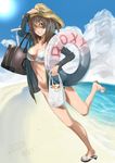  bad_id bad_pixiv_id bag beach bikini black_eyes day grey_hair hat highres innertube jacket kei_(key1221) one_eye_closed open_toe_shoes original shoes short_hair solo swimsuit 