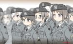  6+girls :&lt; badge bandaid bandaid_on_face beret black_eyes black_neckwear blurry blurry_background blush breast_pocket brown_hair closed_mouth depth_of_field ebifly glasses grey_hat grey_jacket hat jacket medal military military_uniform mole mole_under_eye multiple_girls necktie original pocket ponytail semi-rimless_eyewear short_hair twitter_username under-rim_eyewear uniform white_hair wing_collar 