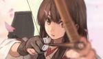  aiming akagi_(kantai_collection) archery arrow blurry bow_(weapon) brown_eyes brown_hair depth_of_field drawing_bow gloves holding holding_arrow holding_bow_(weapon) holding_weapon japanese_clothes kantai_collection kyuudou long_hair looking_at_viewer outstretched_arm partly_fingerless_gloves petals single_glove solo weapon xiao_qiang_(overseas) yugake 