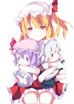  :&lt; apron blonde_hair bow braid character_doll doll_hug flandre_scarlet hair_bow hat hat_ribbon head_tilt highres izayoi_sakuya koshinaka-zz lavender_hair looking_at_viewer maid_headdress mob_cap red_eyes remilia_scarlet ribbon seiza short_hair side_ponytail simple_background sitting skirt smile solo touhou twin_braids waist_apron white_background |_| 