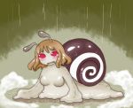 2014 blush breasts brown_hair featureless_breasts female gastropod hair izumi_(artist) looking_at_viewer mollusk nude open_mouth raining sad snail solo tears 