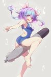  ass bad_id bad_pixiv_id bare_legs barefoot blue_hair fang feet hair_ornament hair_ribbon i-19_(kantai_collection) kantai_collection long_hair name_tag one-piece_swimsuit open_mouth red_eyes ribbon school_swimsuit solo star star-shaped_pupils swimsuit symbol-shaped_pupils torpedo twintails yamaarashi 