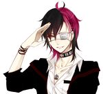  1boy bad_id black_hair bracelet collarbone earrings eyepatch gold_eyes hair_ornament hairclip jacket jewelry looking_at_viewer male male_focus necklace original piercing pink_hair punk shirt short_hair simple_background smile solo white_background ya_tong yellow_eyes 