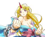  :o bare_shoulders blonde_hair breasts cl_(h-sys.) clenched_hand cuffs hoshiguma_yuugi hoshiguma_yuugi_(promo) japanese_clothes kimono large_breasts long_hair nail_polish pointy_ears red_eyes solo touhou 