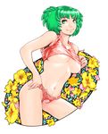  areolae breasts covered_nipples crop_top flower green_eyes green_hair highres large_breasts navel no_bra original panties shirt_lift short_hair solo underwear vigwer 