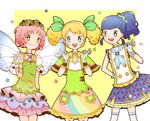  aikatsu! aikatsu!_(series) blonde_hair blue_eyes blue_hair dress flower gloves hair_flower hair_ornament hair_ribbon kiriya_aoi kitaouji_sakura multiple_girls necktie no_eyewear oidaki open_mouth pink_hair ribbon saegusa_kii short_hair side_ponytail smile thighhighs twintails 