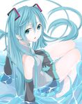  absurdres aqua_eyes aqua_hair arm_support detached_sleeves hatsune_miku highres long_hair looking_back nemu_(nebusokugimi) partially_submerged sitting skirt solo vocaloid water 