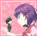  1girl ahoge araragi_koyomi black_eyes black_hair blue_eyes eye_contact from_side gedou_(ge_ge_gedou) koimonogatari light_smile looking_at_another miniboy monogatari_(series) profile purple_hair school_uniform senjougahara_hitagi short_hair 