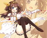  ahoge bare_shoulders blue_eyes blush boots brown_hair detached_sleeves double_bun frilled_skirt frills hair_ornament hairband hand_on_hip headgear highres japanese_clothes kantai_collection kongou_(kantai_collection) long_hair nobinonki nontraditional_miko open_mouth pointing ribbon-trimmed_sleeves ribbon_trim skirt solo thigh_boots thighhighs zoom_layer 