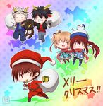  4boys animal_costume antlers chibi christmas hat inohara_masato kamikita_komari little_busters! miyazawa_kengo miyoshi_yun multiple_boys multiple_girls naoe_riki natsume_kyousuke natsume_rin rainbow_background reindeer_costume sack santa_costume scarf shared_scarf snowman winter_clothes 