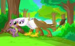  beak blush dragon female feral forest friendship_is_magic gilda_(mlp) green_eyes gryphon hi_res kissing male my_little_pony mysticalpha spike_(mlp) tree wings yellow_eyes 