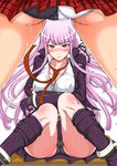  ass black_panties blush boots breasts cameltoe cleavage covered_nipples danganronpa danganronpa_1 enoshima_junko frown gloves highres jacket kirigiri_kyouko large_breasts long_hair matou multiple_girls necktie panties pink_hair purple_eyes pussy_juice skirt sweat underwear upskirt white_panties 