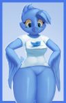  2019 anthro avian beak bird blue_beak blue_eyes blue_feathers bottomless breasts clothed clothing feathers female hi_res meme non-mammal_breasts shirt smile solo thick_thighs thousandfoldfeathers tweetfur twitter wide_hips wings 