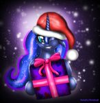  blue_eyes blue_fur blue_hair christmas_hat equine female friendship_is_magic fur gift hair horn horse mammal my_little_pony one_eye_closed pony princess_luna_(mlp) sixpathoffriendship solo winged_unicorn wings wink 