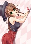  aruha blush brown_hair cosplay double_bun food green_eyes hat long_hair looking_at_viewer lying mei_(pokemon) on_stomach pleated_skirt pocky poke_ball pokemon pokemon_(game) pokemon_bw2 pokemon_xy serena_(pokemon) serena_(pokemon)_(cosplay) shirt skirt sleeveless sleeveless_shirt solo 