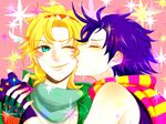  63_(aito-63) blonde_hair blue_hair caesar_anthonio_zeppeli cheek_kiss facial_mark fingerless_gloves genderswap genderswap_(mtf) gloves green_eyes hairband jojo_no_kimyou_na_bouken joseph_joestar_(young) kiss multiple_girls scarf short_hair sparkle yuri 