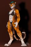  abs anthro bikini blue_eyes breasts brown_hair claws clothed clothing digitigrade feline female green_eyes hair headset looking_at_viewer mammal muscles muscular_female pose short_hair simple_background skimpy solo swimsuit tiger weirdhyena 