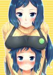  1girl aichi_shiho apron bad_id bad_pixiv_id blue_eyes blue_hair blush breast_rest breasts breasts_on_head gundam gundam_build_fighters horizontal-striped_background hug hug_from_behind iori_rinko iori_sei large_breasts long_hair looking_at_viewer mature mother_and_son ribbed_sweater short_hair smile striped striped_background sweater yellow_background 