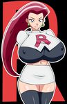  1girl absurdres arms_behind arms_behind_back black_legwear blush boots breasts covered_nipples crop_top earrings ears erect_nipples gigantic_breasts high_res highres jewelry legs legwear lips long_hair midriff miniskirt musashi_(pokemon) navel nintendo pokemon pokemon_(anime) pose purple_eyes red_hair salute shiny shiny_clothes shiny_skin skirt solo team_rocket thick_thighs thighhighs thighs underwear upskirt very_long_hair zahkey 