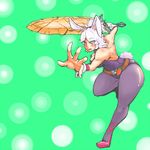  :p alternate_costume animal_ears backless_outfit bare_shoulders battle_bunny_riven belt bunny_ears carrot green_background league_of_legends orange_eyes pantyhose riven_(league_of_legends) short_hair solo sword thick_thighs thighs tongue tongue_out trombe weapon white_hair 