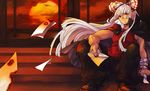  alternate_costume bad_id bad_pixiv_id bandages burned_paper cape cloud evening flying_paper fujiwara_no_mokou hair_ribbon letter long_hair looking_away love_letter muscle paper papers piroriking red_eyes ribbon sideways_glance sitting sleeveless solo stairs sunset touhou very_long_hair window 