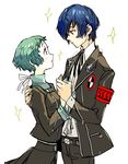  1girl blue_hair couple green_hair hetero holding_hands hug persona persona_3 school_uniform sparkle sutei_(giru) yamagishi_fuuka yuuki_makoto 