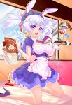  1girl animal_ears apron blush breasts bunny_ears cafe detached_collar female high_heels highres kneeling looking_at_viewer lucknight maid_headdress open_mouth original purple_eyes silver_hair smile solo table tray twintails waitress wings wrist_cuffs 