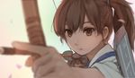  aiming archery arrow blurry bow_(weapon) brown_eyes brown_hair depth_of_field drawing_bow gloves holding holding_arrow holding_bow_(weapon) holding_weapon japanese_clothes kaga_(kantai_collection) kantai_collection kyuudou long_hair looking_at_viewer outstretched_arm partly_fingerless_gloves ponytail single_glove solo tasuki weapon xiao_qiang_(overseas) yugake 