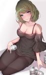  :&gt; arm_support bare_shoulders beer_can black_legwear black_shirt black_shorts blue_eyes blush breasts can cleavage collarbone drunk fringe_trim gradient gradient_background green_eyes green_hair grey_background head_tilt heterochromia highres idolmaster idolmaster_cinderella_girls looking_at_viewer medium_breasts mole mole_under_eye pantyhose raglan_sleeves shadow sherryqq shirt short_hair shorts simple_background sitting smile solo takagaki_kaede yokozuwari 