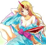  arm_up blonde_hair breasts cl_(h-sys.) cuffs cup hoshiguma_yuugi hoshiguma_yuugi_(promo) japanese_clothes kimono large_breasts long_hair red_eyes sakazuki sitting solo touhou wide_sleeves 