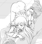  all_fours blush bottomless censored eye_contact francine_(daijaemon) greyscale long_hair looking_at_another lying monochrome on_back penis smile 