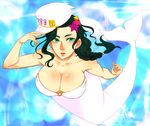  63_(aito-63) black_hair breasts cleavage diamond_wa_kudakenai green_eyes hat jojo_no_kimyou_na_bouken kuujou_joutarou large_breasts long_hair mermaid monster_girl solo starfish 