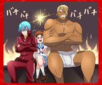  2boys bad_id bad_pixiv_id blonde_hair blue_hair blue_skirt border boy_sandwich brown_eyes brown_hair cheek_squash confrontation crossed_arms drooling earrings gamagoori_ira glasses inumuta_houka jewelry kill_la_kill lightning_glare loafers mankanshoku_mako multiple_boys no_pants red_border sandwiched school_uniform serafuku shirtless shoes skirt smile socks sukemyon track_suit trembling underwear underwear_only 