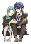  1girl aqua_hair blue_hair couple hetero holding_hands pantyhose persona persona_3 school_uniform short_hair sitting socks sutei_(giru) yamagishi_fuuka yuuki_makoto 