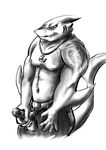  anthro balls belt biceps big_muscles blue_eyes claws clothing erection fangs fin fish holding_penis lowemond male marine masturbation monochrome muscles necklace nipples pants pecs penis plain_background pose scales shark sketch solo standing tattoo teeth topless 