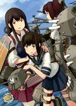  akagi_(kantai_collection) brown_eyes brown_hair fubuki_(kantai_collection) highres ise_(kantai_collection) japanese_clothes kantai_collection long_hair multiple_girls muneate official_art ponytail shibafu_(glock23) short_hair short_sleeves smile 