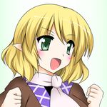  blonde_hair blush clenched_hands gradient gradient_background green_background green_eyes highres mizuhashi_parsee open_mouth pointy_ears scarf short_hair simple_background solo touhou tsukemen upper_body 