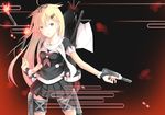  bad_id bad_pixiv_id blonde_hair blurry bokeh bow cannon depth_of_field egasumi embers fingerless_gloves gloves hair_bow hair_ornament hair_ribbon hairclip kantai_collection kurota_(freedom_heart) long_hair open_mouth red_eyes remodel_(kantai_collection) ribbon scarf school_uniform serafuku short_sleeves skirt solo torpedo white_scarf yuudachi_(kantai_collection) 