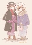  alternate_costume bag bespectacled black_eyes black_hair blonde_hair boots coat glasses handbag hat japanese_clothes kimono maribel_hearn mitsumoto_jouji multiple_girls purple_eyes scarf smile touhou usami_renko 